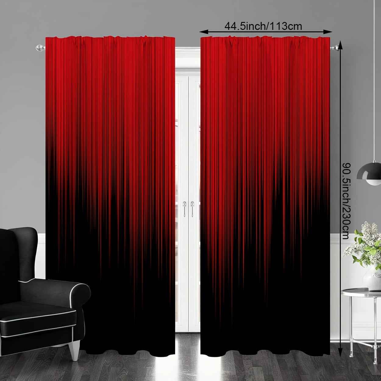 Set of 2 Polyester Red Black Gradient Stripe Design Printed Curtains, Perfect for Bedroom, Office, Kitchen, Living Room, and Study. Features Rod Pocket Window Treatment for Home and Room Decor. Easy to hang on any rod.