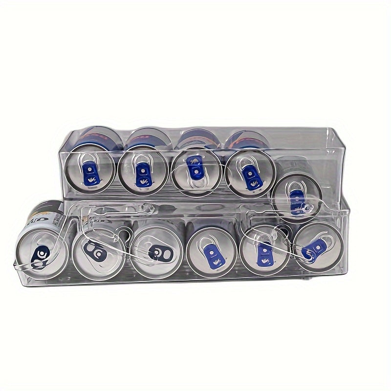 Stack and store your beverages with ease using the 1pc Stacking Can Dispenser. This double-layer refrigerator storage box is made of PET material, ensuring durability. The thickened design allows for double folding, perfect for storing your favorite cola