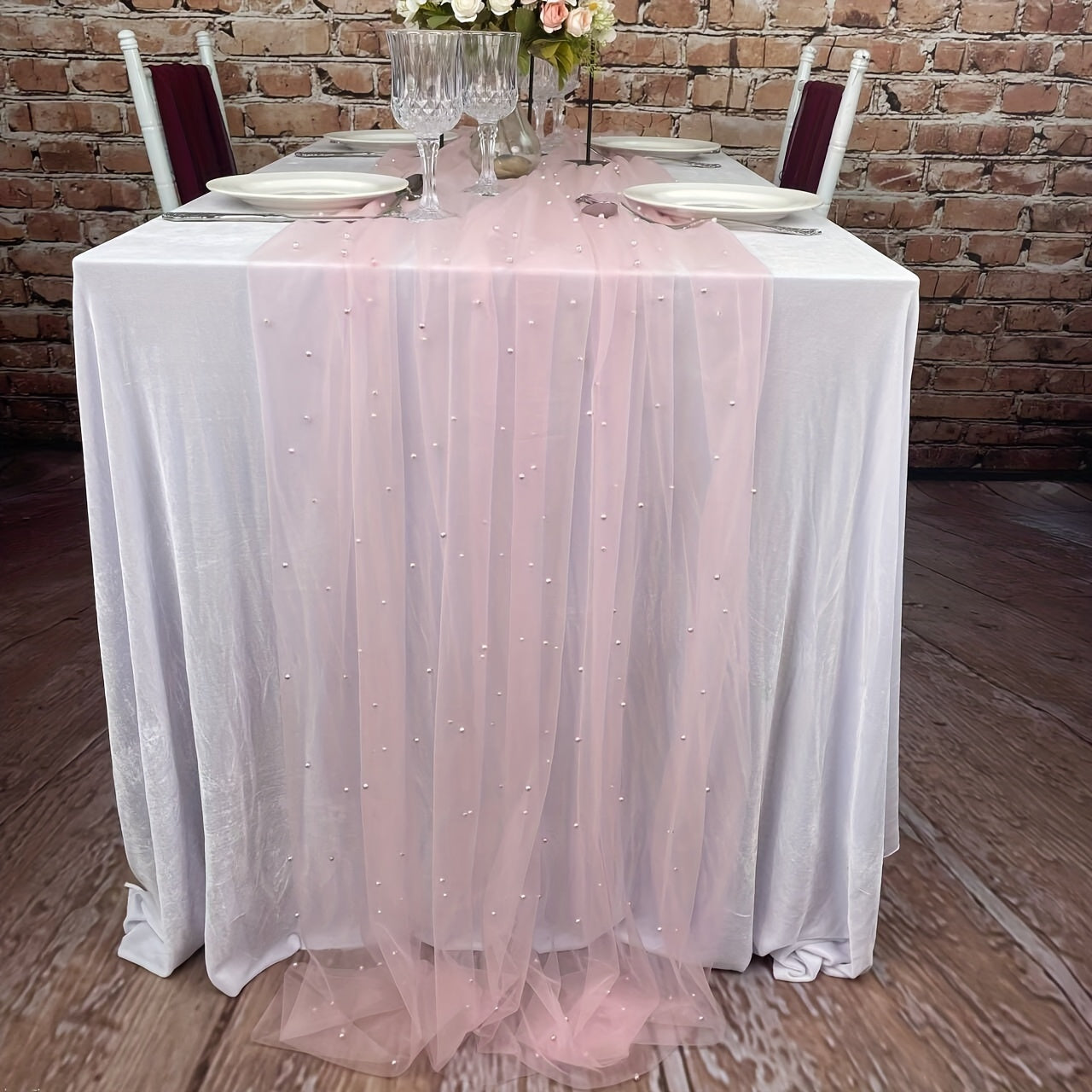 1 pc Pearl Table Runner for Wedding Arch Decor, Bridal Shower, and Event Decoration, featuring Romantic Pearl Lace embroidery on a Clear Wrinkle-Proof White Chiffon Tulle fabric.