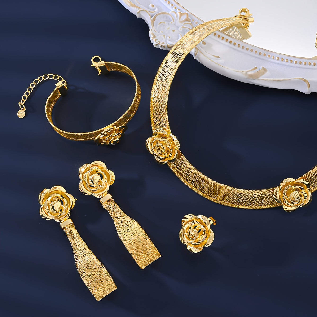 Upgrade your wardrobe with the MEIZ Vintage Classic Jewelry Set. This set includes a stunning 18K Golden Plated Copper Necklace, Bracelet, Ring, and Earrings designed in an elegant handwoven Middle Eastern style. Perfect for daily wear or as a special