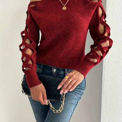 Stylish women's pullover sweater with cut-out sleeves, made of soft nylon/polyester/acrylic blend. Perfect for fall fashion, featuring textured sleeves and a round neck.