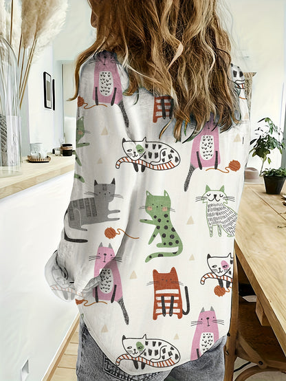 Spring and summer women's fashion long-sleeve casual shirt featuring cat and fish print.