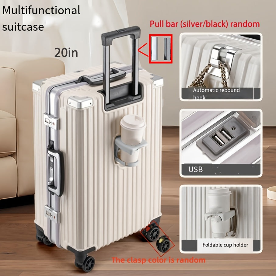 20/24-inch aluminum frame spinner luggage with cup holder and USB port, zipperless extra-large captain suitcase.