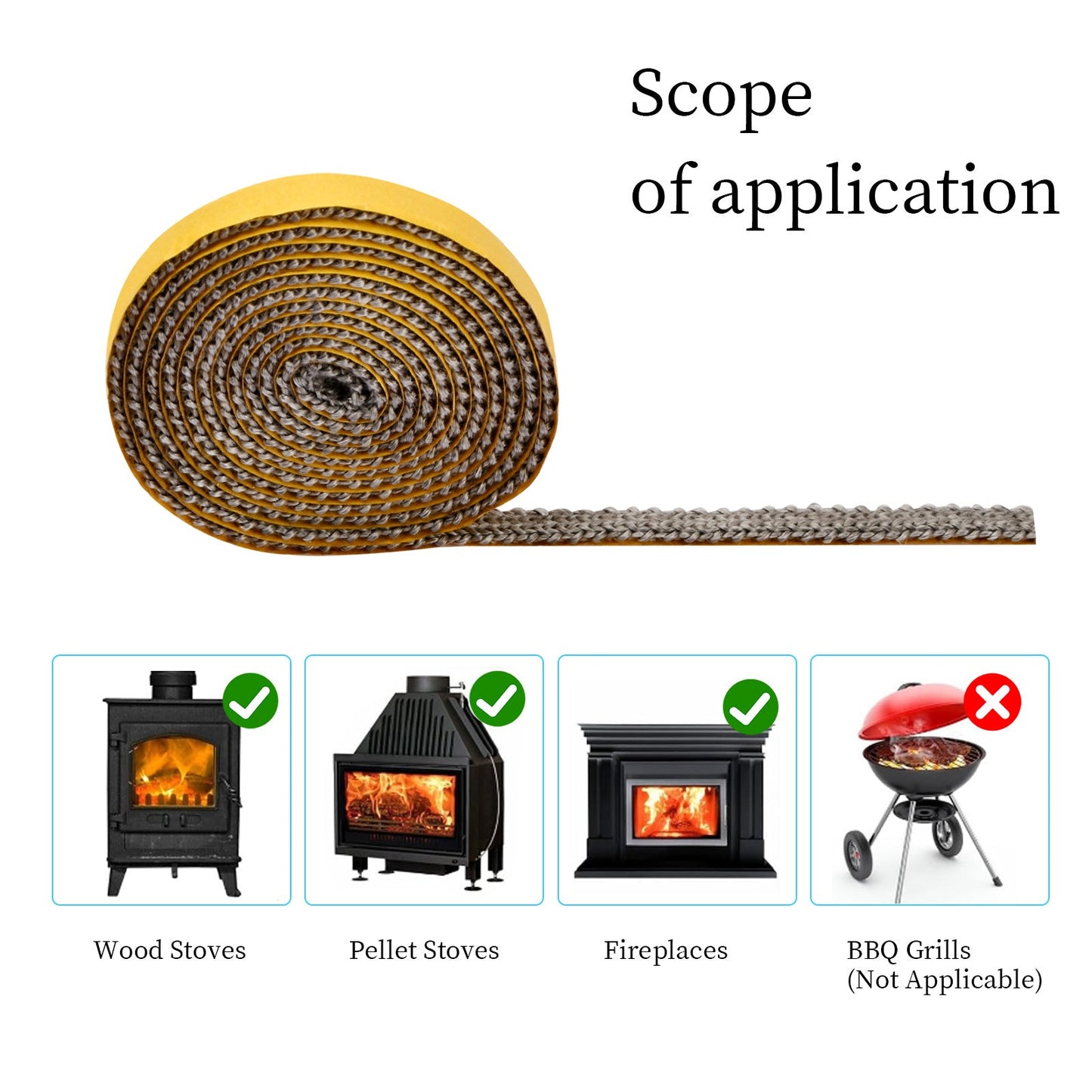 Flat Stove Rope for Wood Burning Stove, Oven Door, Chimney, and Fireplaces - Heat Resistant Sealant Strip - Self Adhesive - 3mm x 10mm x 2m