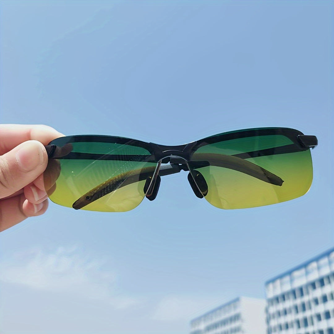 Fashionable yellow-tinted glasses for day and night driving, suitable for both men and women, featuring a square frame and adjustable nose pad and temples. Perfect for driving.