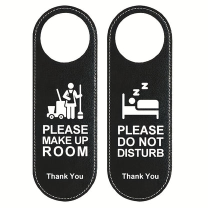 Classy leather door hangers for hotel guests: "Make Up Room" and "Do Not Disturb" signs.