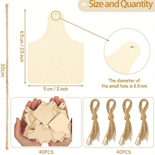 Set of 40 natural unfinished wooden tags for DIY crafts and decorations. These blank hanging labels can be customized and painted to create unique door signs.