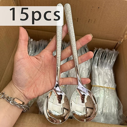 Upgrade your dining experience with our elegant New Light Luxury Hammer Pattern Stainless Steel Spoons. Available in sets of 4pcs, 8pcs, 12pcs, and 15pcs, these spoons are perfect for use in restaurants, for main course meals, for everyday use at home