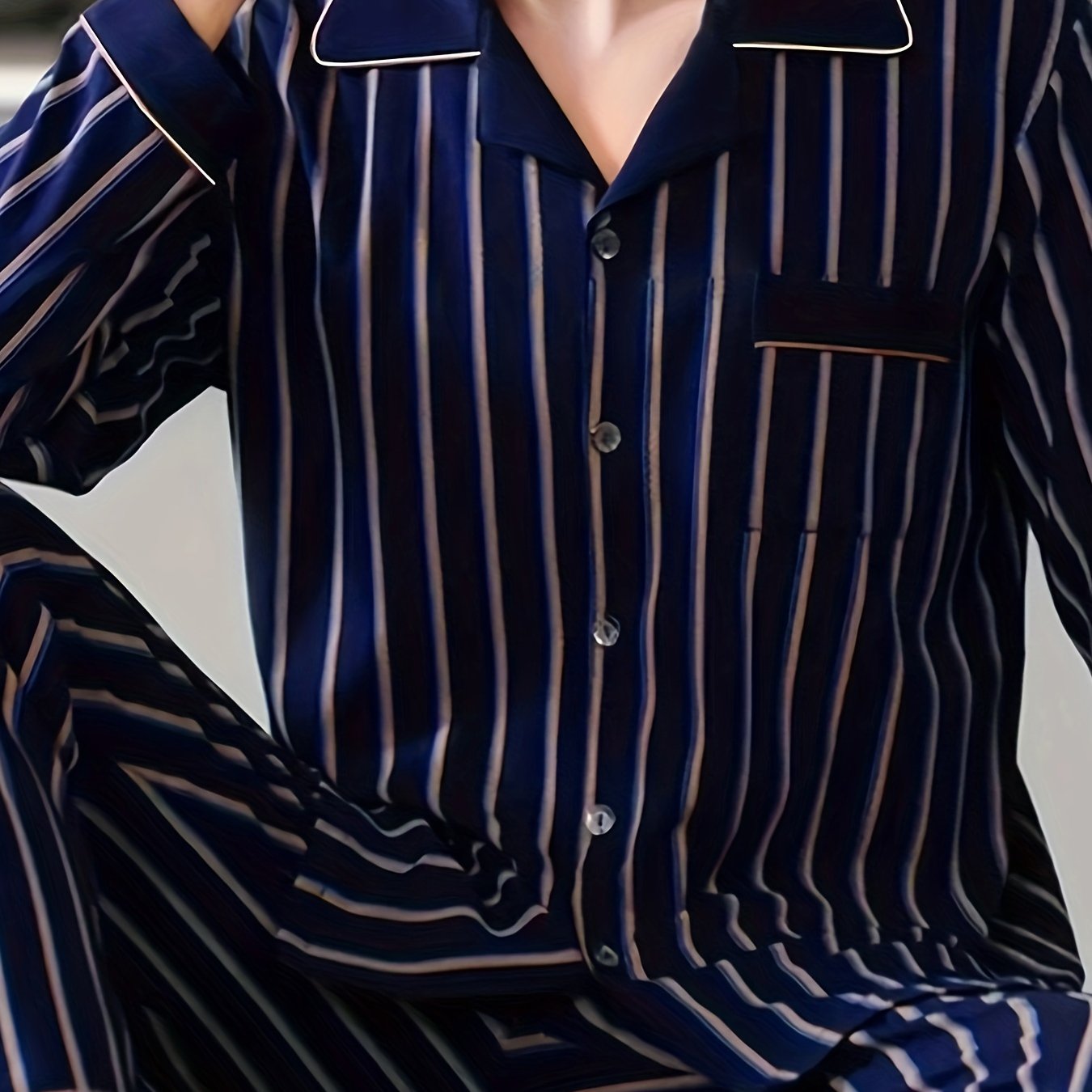 Men's Casual Luxury Pajama Set made of polyester knit fabric with slight stretch, featuring lapel collar and striped design for Fall/Winter.