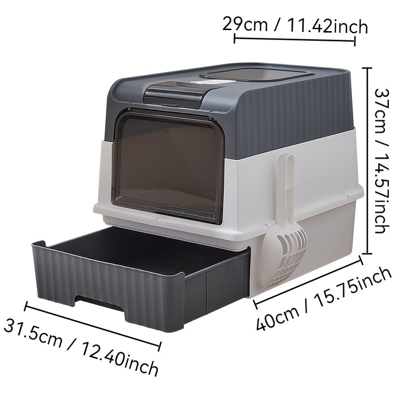 Enclosed cat litter box with deodorizing system made of PP material, fully sealed design for odor control, compatible with carbon transport, suitable for all cat breeds.