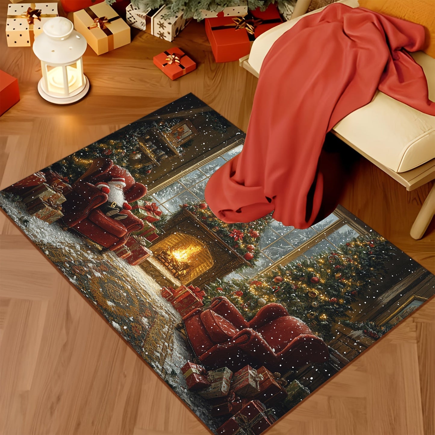 Non-Slip Rubber Backed Christmas Holiday Doormat featuring Santa Claus and Fireplace Design, Washable Polyester Rectangular Entrance Mat with Festive Xmas Tree Floor Decoration. This lightweight braided rug is the perfect addition to your holiday décor.