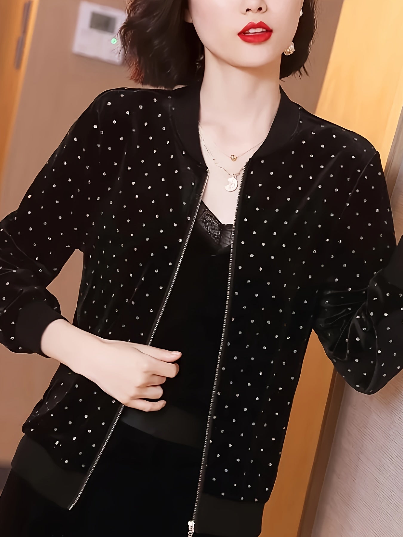 Lightweight women's bomber jacket with rhinestone dot design, zip-up, long sleeve, sun protection for Spring & Fall.