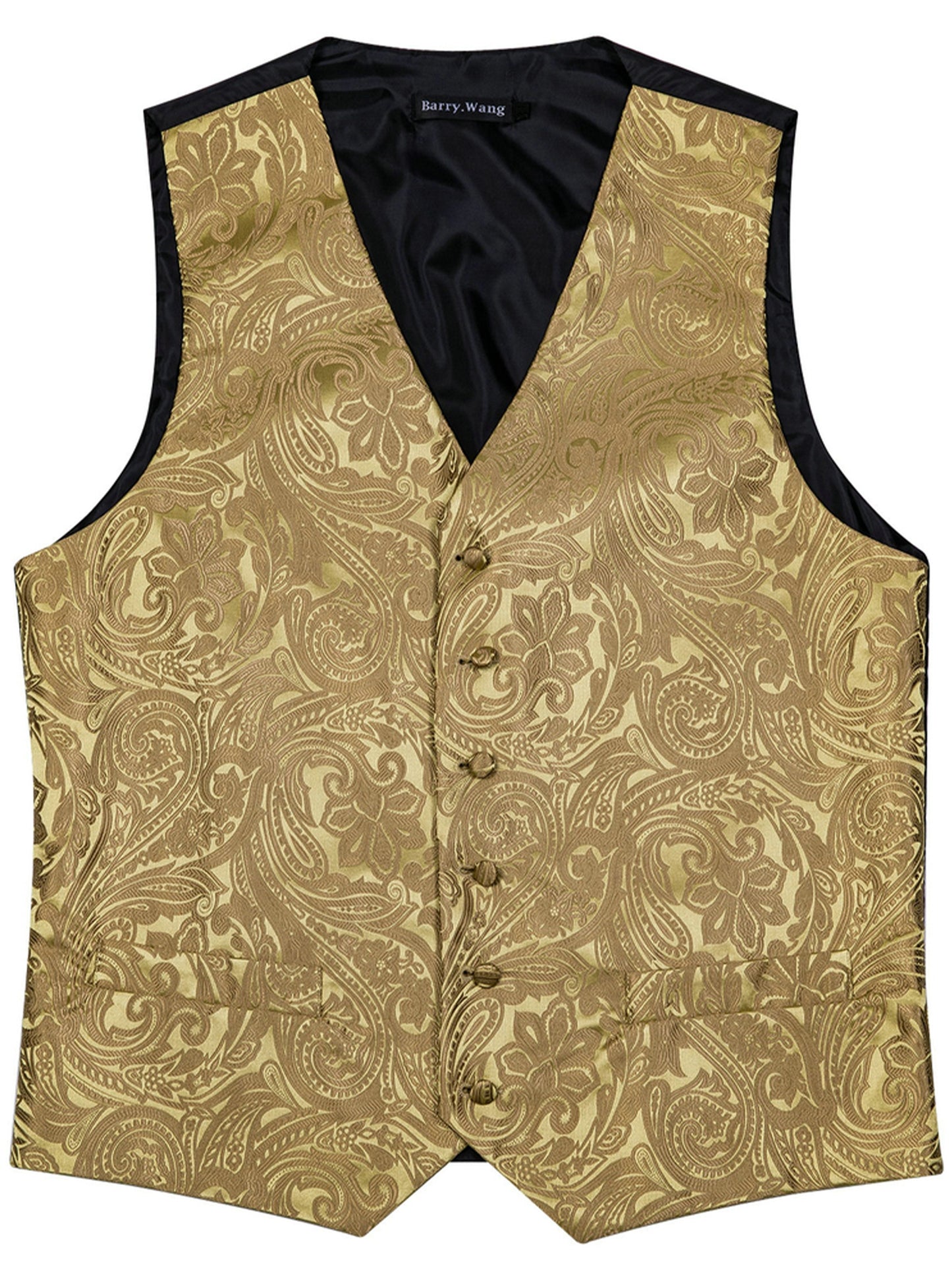 Royal golden floral jacquard V-neck vest suit set for plus size men, perfect for weddings.