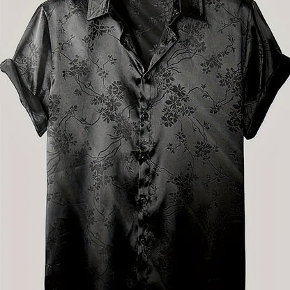 Men's casual short-sleeve button-up shirt with subtle floral print, made from lightweight polyester. Perfect for summer wear, collared design for easy care.