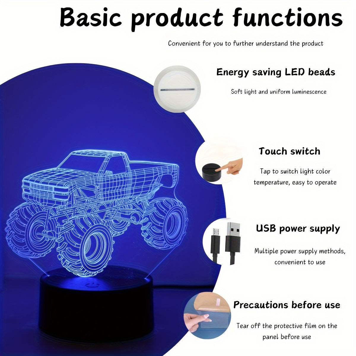 Modern Monster Truck 3D Illusion Table Lamp, Touch Control Night Decor, USB Powered Desk Accent with Integrated LED Source.