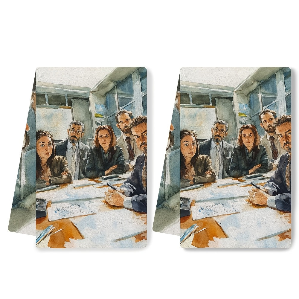 Two ultra soft kitchen towels featuring the "The Faces of the Office" design. These highly absorbent and machine washable dish hand towels are designed in a contemporary watercolor style, measuring 40.64x60.96 cm. Perfect for both home and office decor.