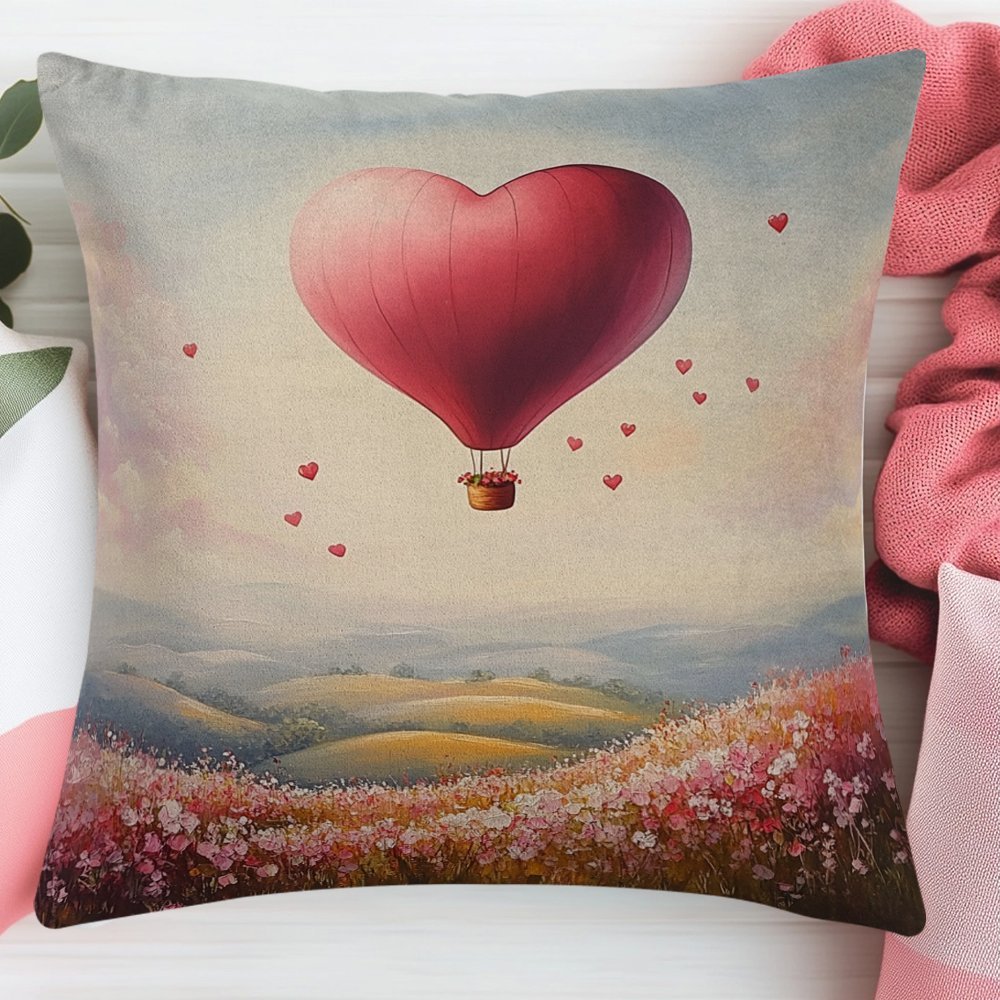 Vintage heart-shaped balloon design square cushion cover, measuring 45.72x45.72cm. Made of durable polyester fabric, this cushion cover is machine washable with a convenient zipper closure. Provides all-season comfort, perfect for back sleepers. Ideal