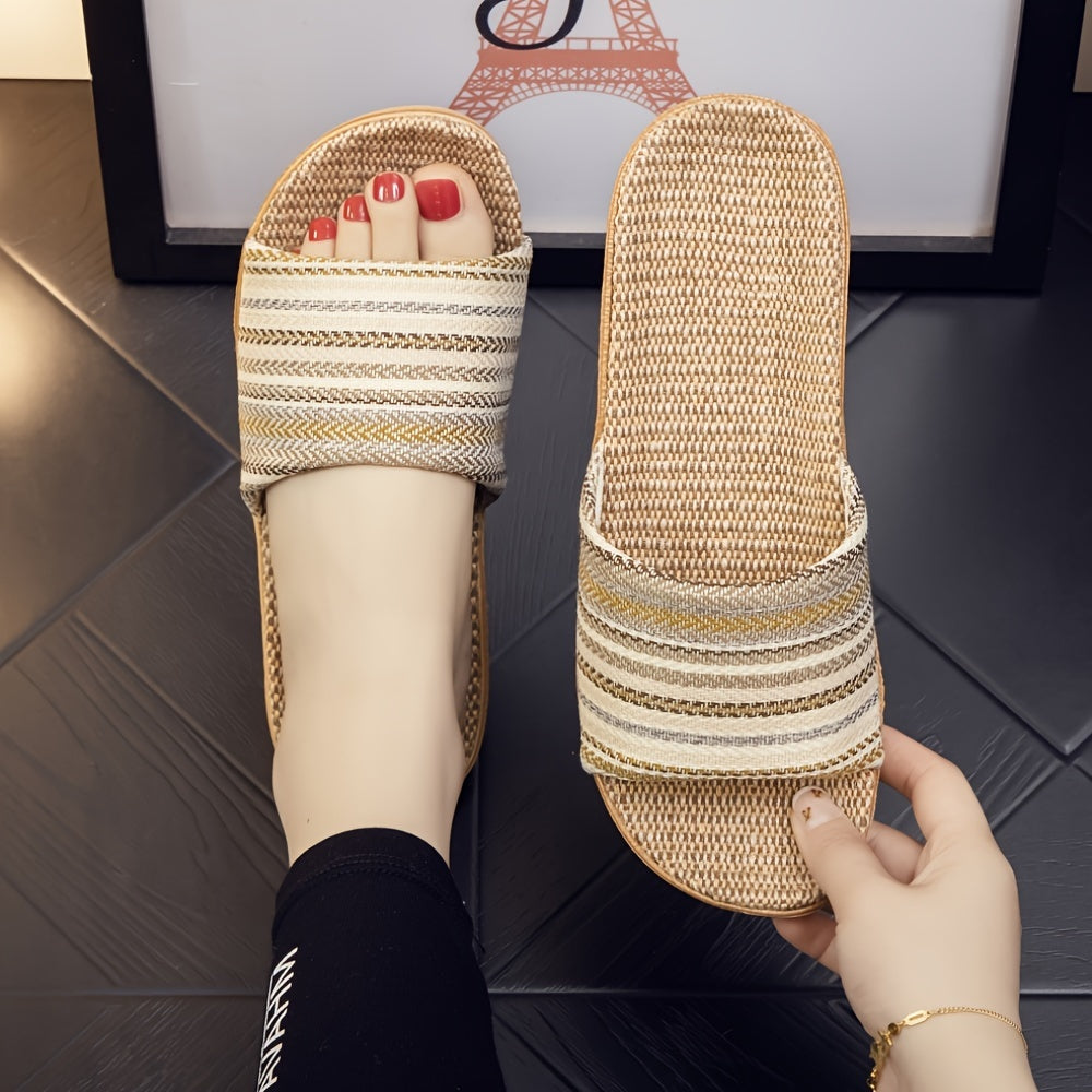 Comfortable home slippers with a striped pattern and casual open toe design.