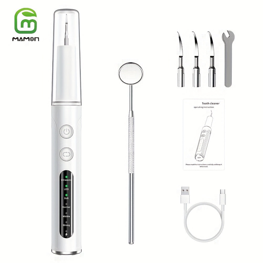 MAMON Ultimate Teeth Cleaning Kit: Rechargeable Plaque & Tartar Remover with LED Light, Stainless Steel Dental Tools, 4 Heads Included - White