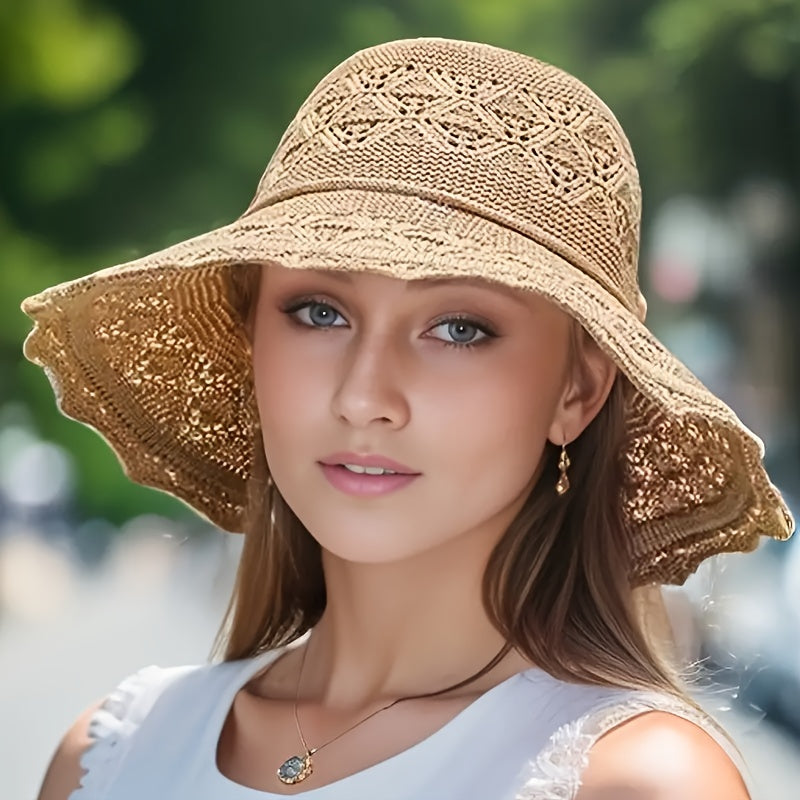 Stylish women's sun hat with breathable foldable wide brim for UPF protection, hand washable for summer travel.