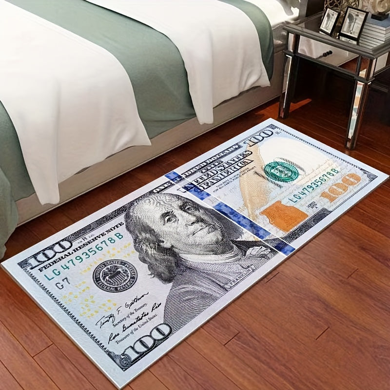 Add a touch of creativity with our 100 Dollar Bill Rug, featuring a non-slip backing. Perfect for adding a decorative touch to your bedroom, kitchen, hallway, or laundry room. This rug not only looks like a 100 dollar bill but also has water absorption