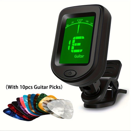 Clip-on tuner with 360-degree display for various instruments, includes 10 picks.