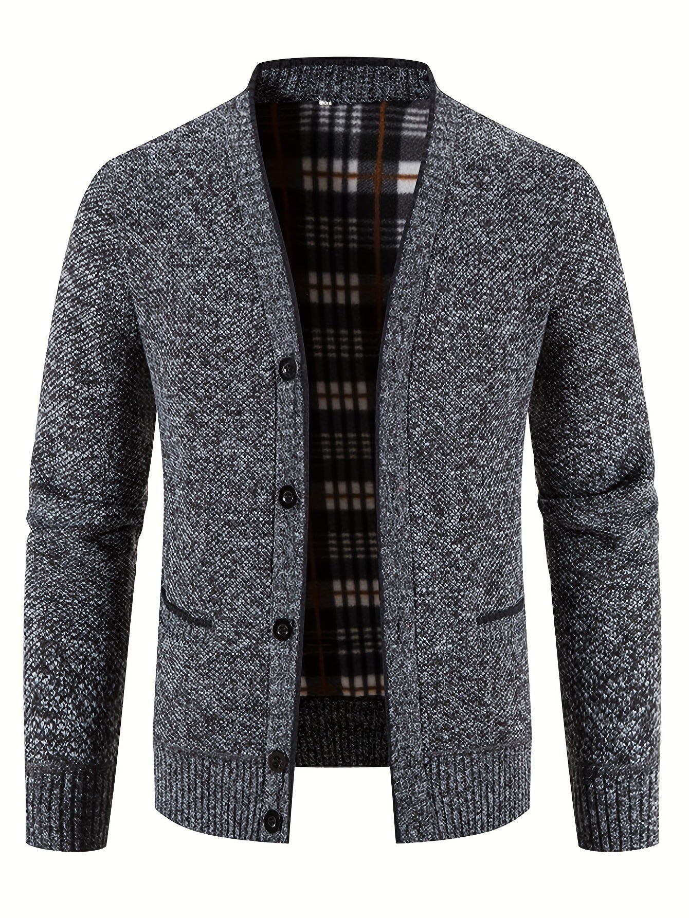 Men's Plaid Fleece Lined Knit Jacket, Casual Stylish Coat for Spring and Autumn