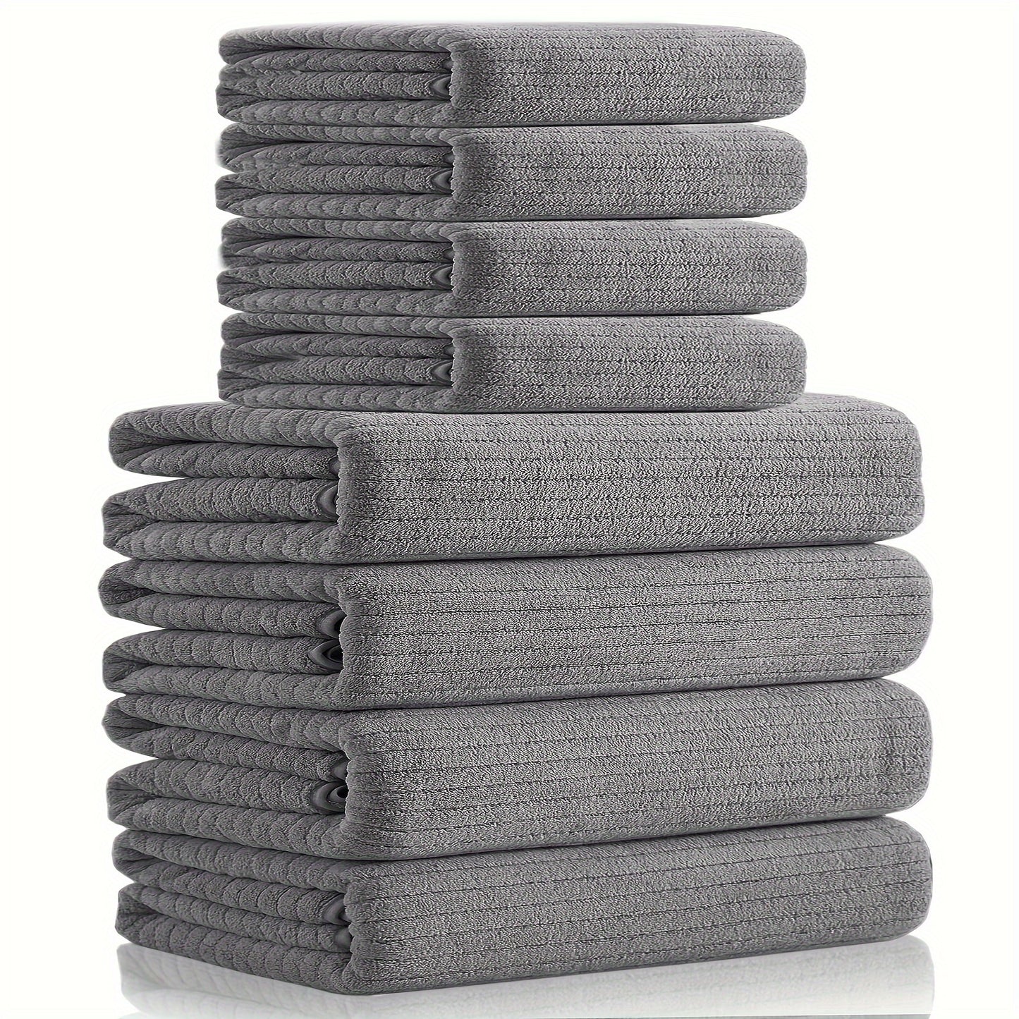 Microfiber towel set includes 2 bath sheets and 6 bath towels in gray, pink, and blue stripes. Quick-drying and highly absorbent for shower, beach, spa, and gym use.