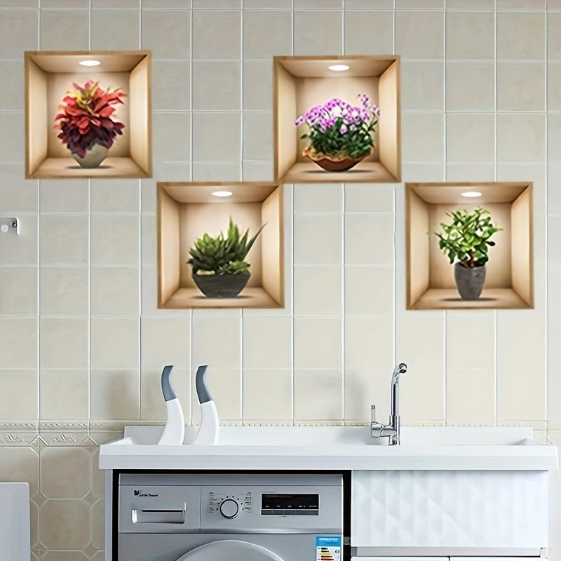 4 Green Plant 3D Wall Stickers for Home Decor, Self-Adhesive and Removable.