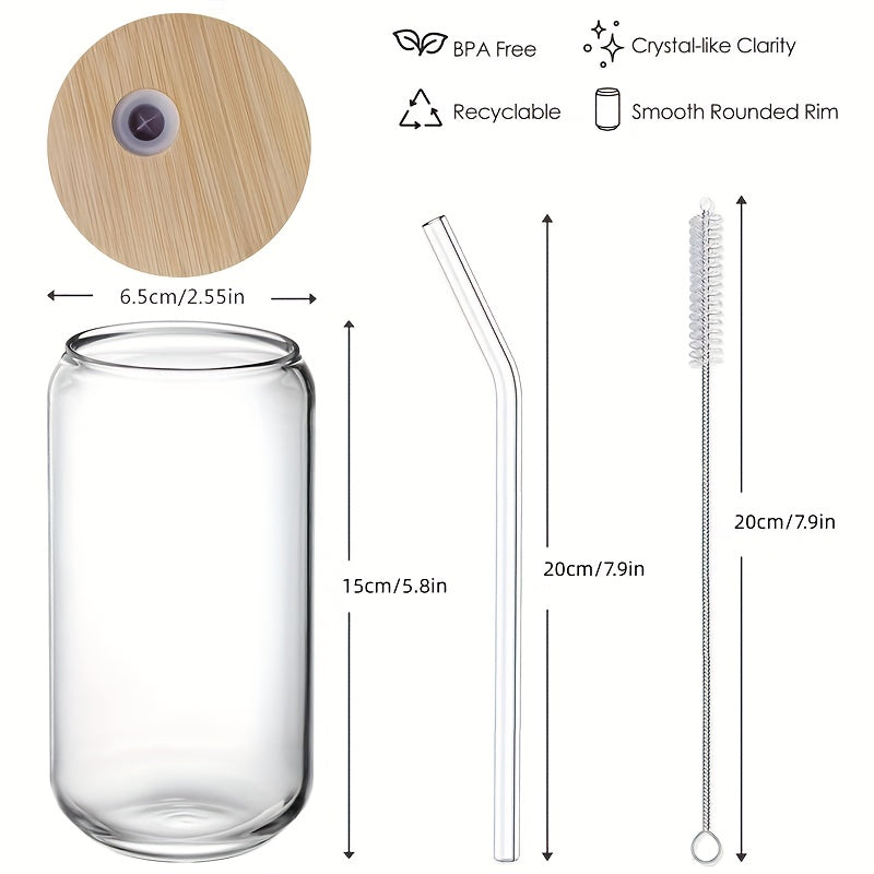 Set of four 16oz high borosilicate glass cups with bamboo lids and glass straws, ideal for cocktails, iced coffee, and gifts.