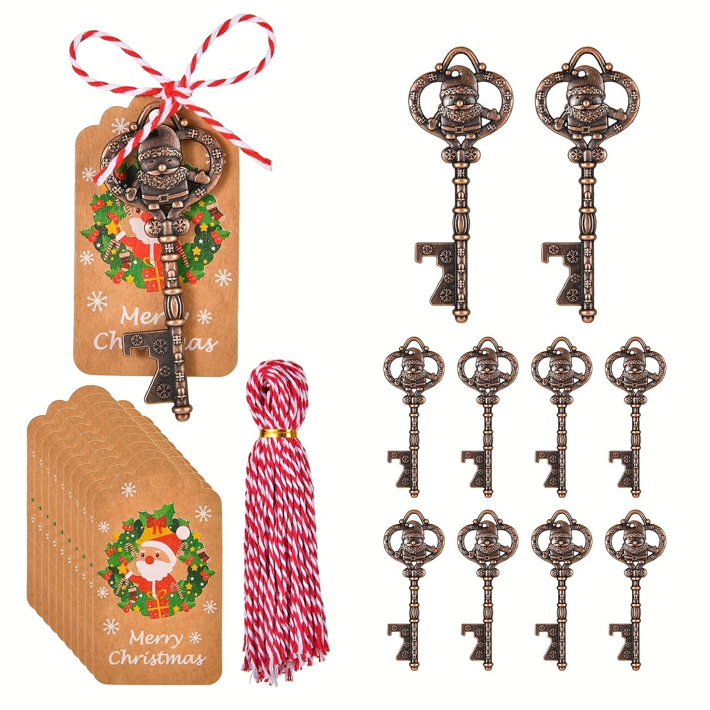 10 Santa Claus themed bottle openers for Christmas festivities, complete with cards and ropes. Perfect party favors for guests.