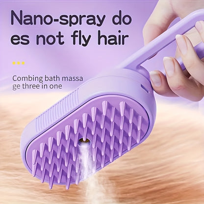 3-in-1 USB rechargeable steam pet brush for grooming with silicone bristles, suitable for long and short hair.