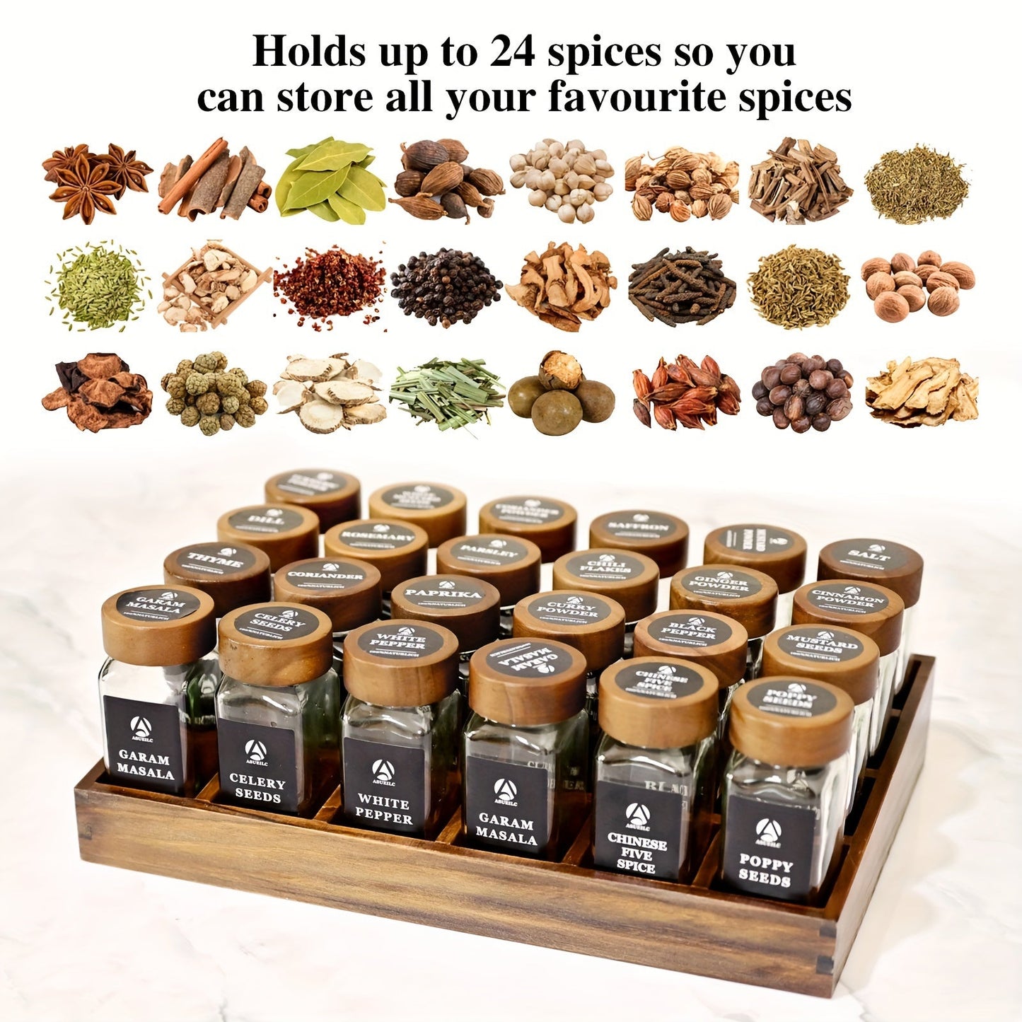 Elegant 24-Piece Sandalwood Spice Rack Set featuring Glass Jars and Lids, Drawer Storage, and Waterproof Labels for British Spices, Herbs, and Seasonings - Stylish and Practical Addition to Your Kitchen