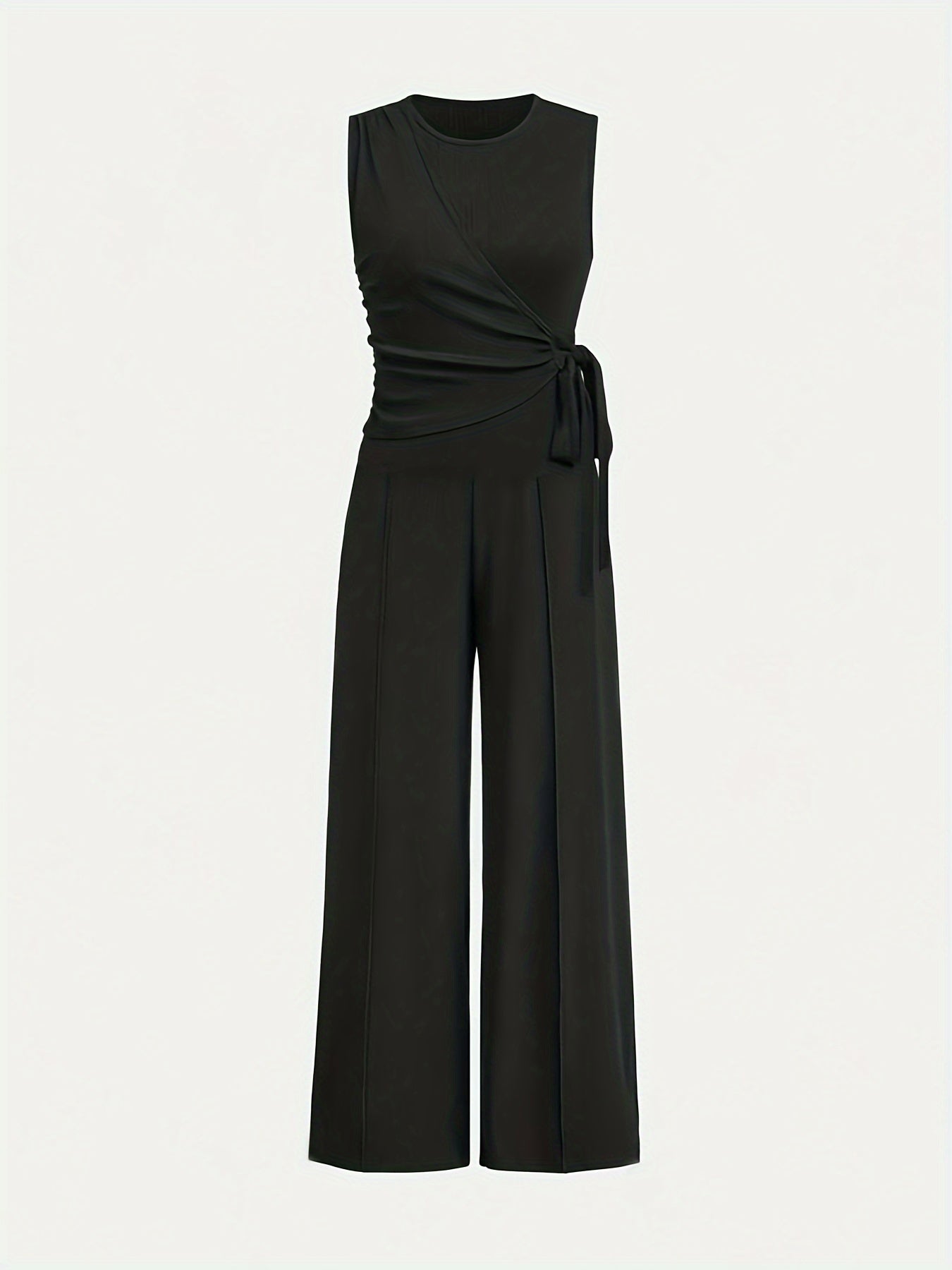 Solid color pantsuit with crew neck lace-up tank top and wide leg pants outfit for women.