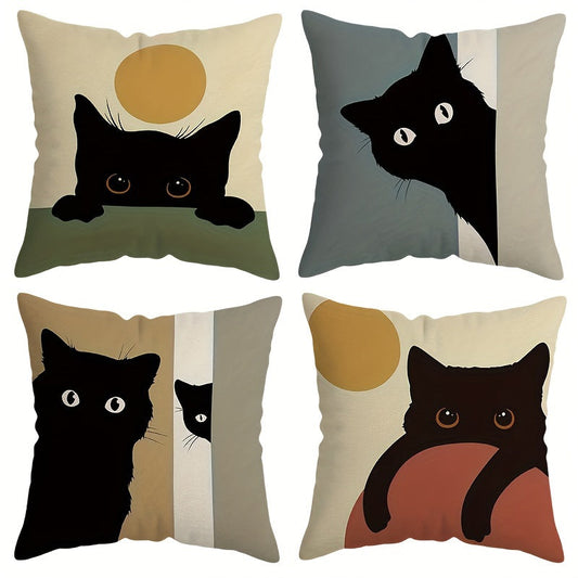 Contemporary Black Cat Design Double-Sided Throw Pillow Cover, 44.96x44.96cm, Abstract Modern Farmhouse Decorative Cushion Case with Zipper Closure for Couch, Patio, Living Room. Machine Washable - Made of 100% Polyester, Insert Not Included.