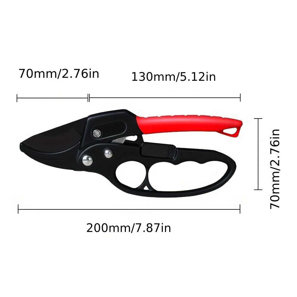 One professional ratchet anvil pruning shears with reinforced handle and anvil groove design for garden pruning.