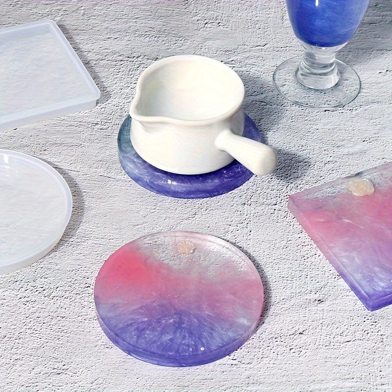 DIY round silicone mold for epoxy resin coasters and trays in marbled blue, purple, and white design. Perfect for crafting home decor.