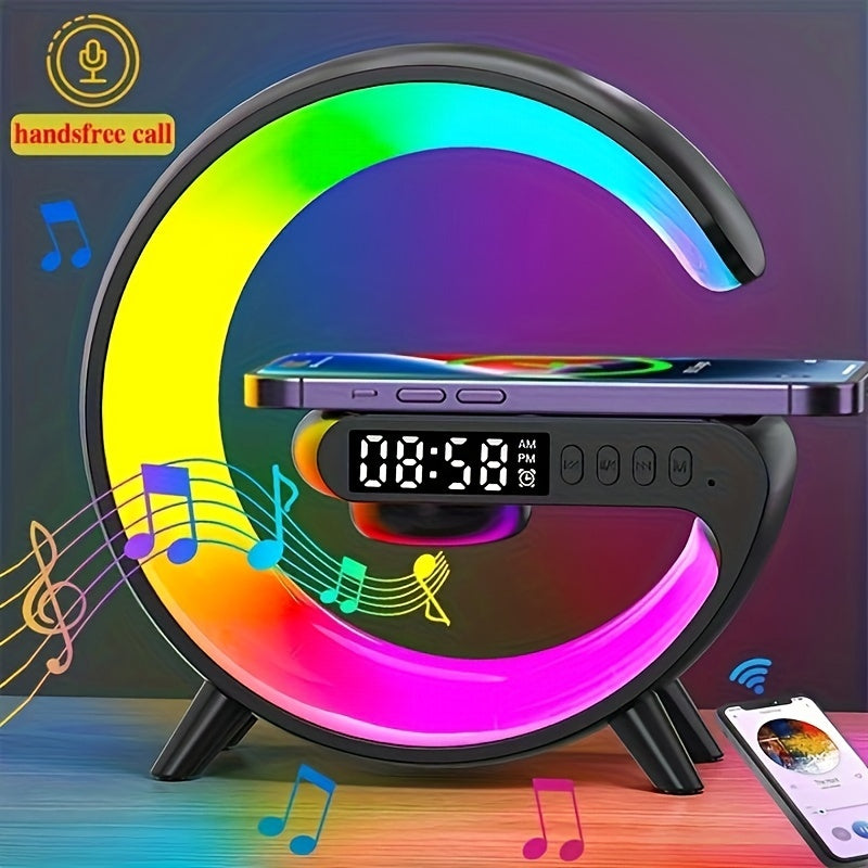 Compact multifunctional wireless charger with stand, speaker, RGB night light, and fast charging capabilities. Perfect gift for iPhone, Samsung, and Xiaomi users.