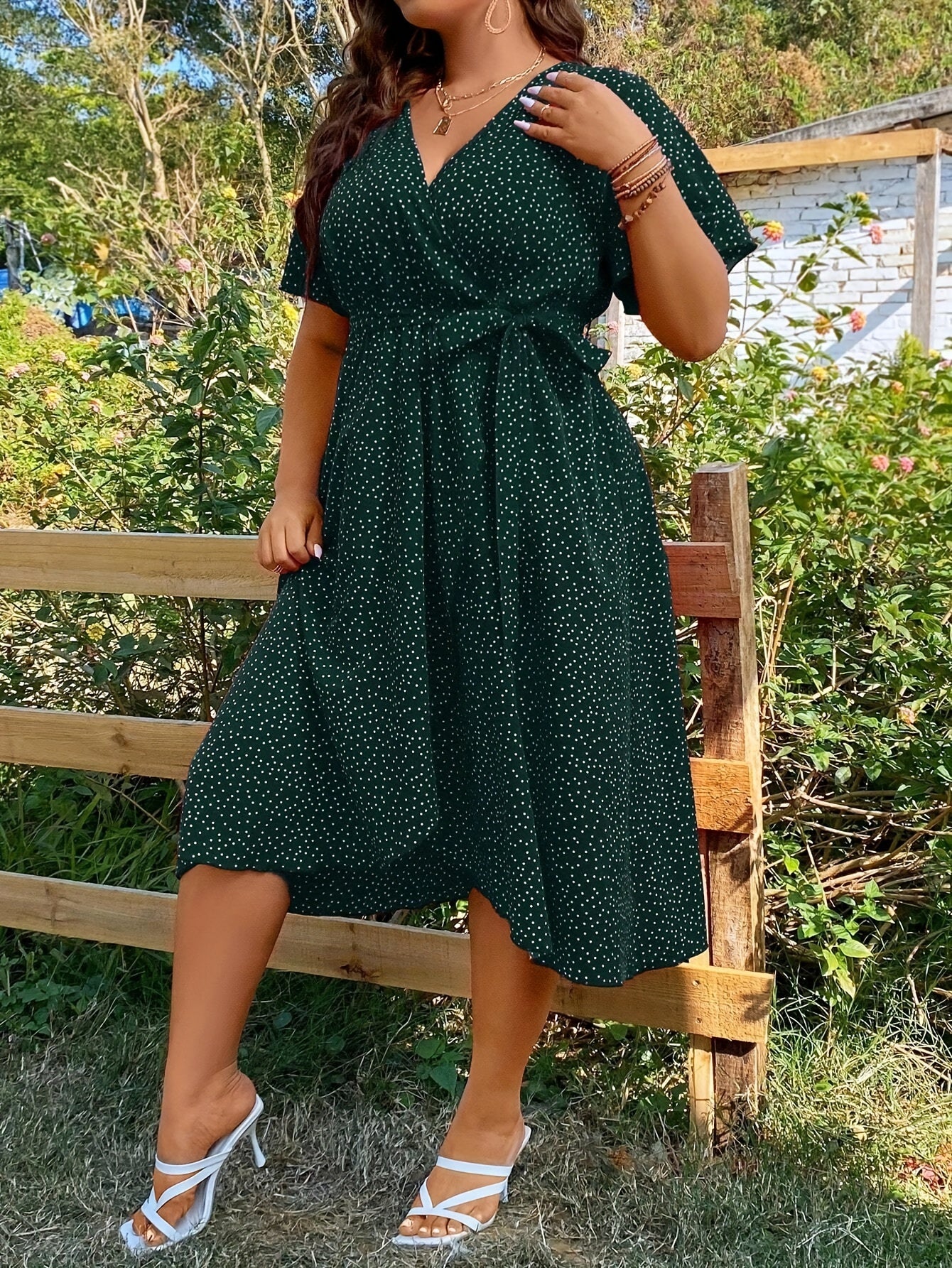 Plus size pin dot print belted dress for spring & summer in women's plus size.