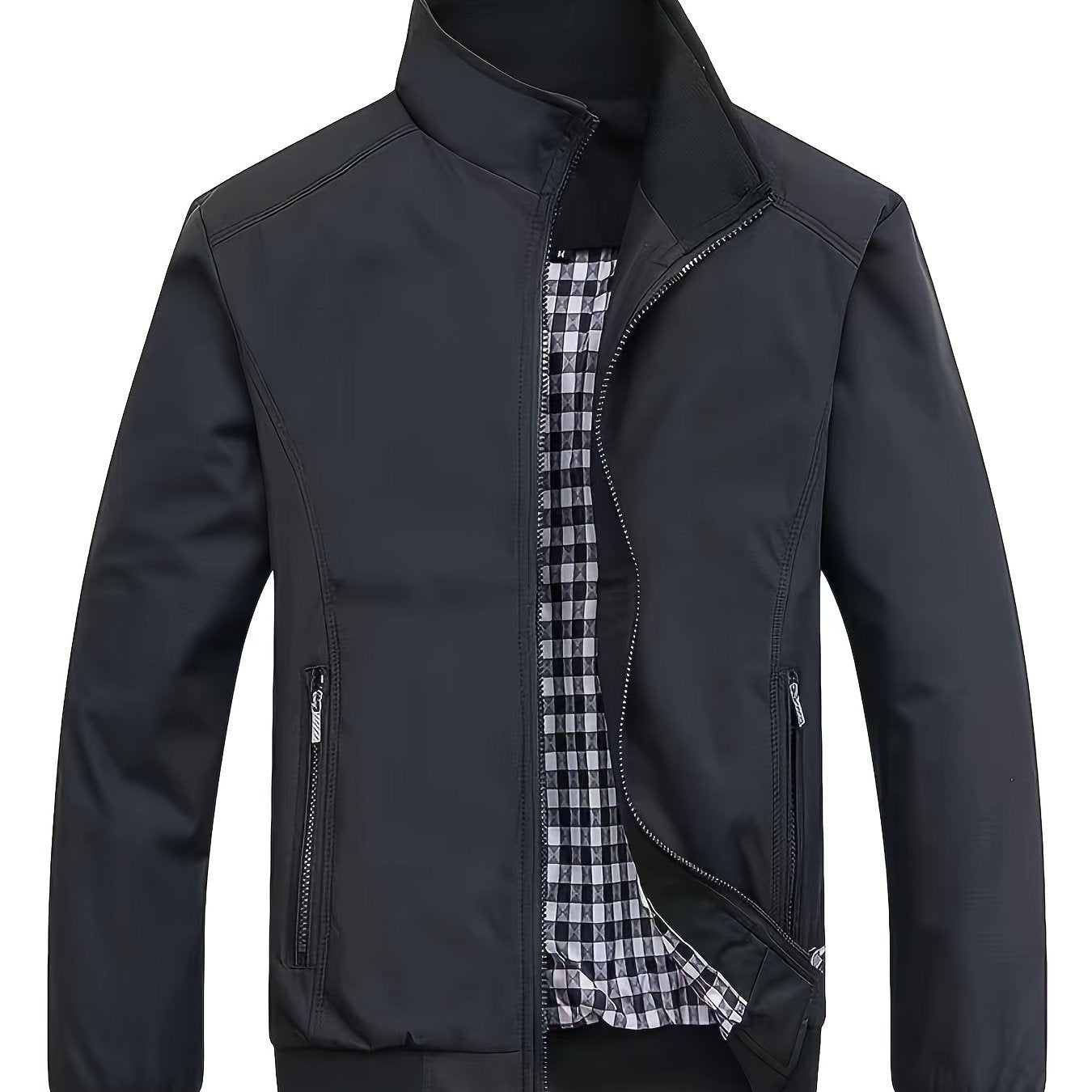 Men's zip-up stand collar coat with zipper pockets, ideal for Spring and Autumn.