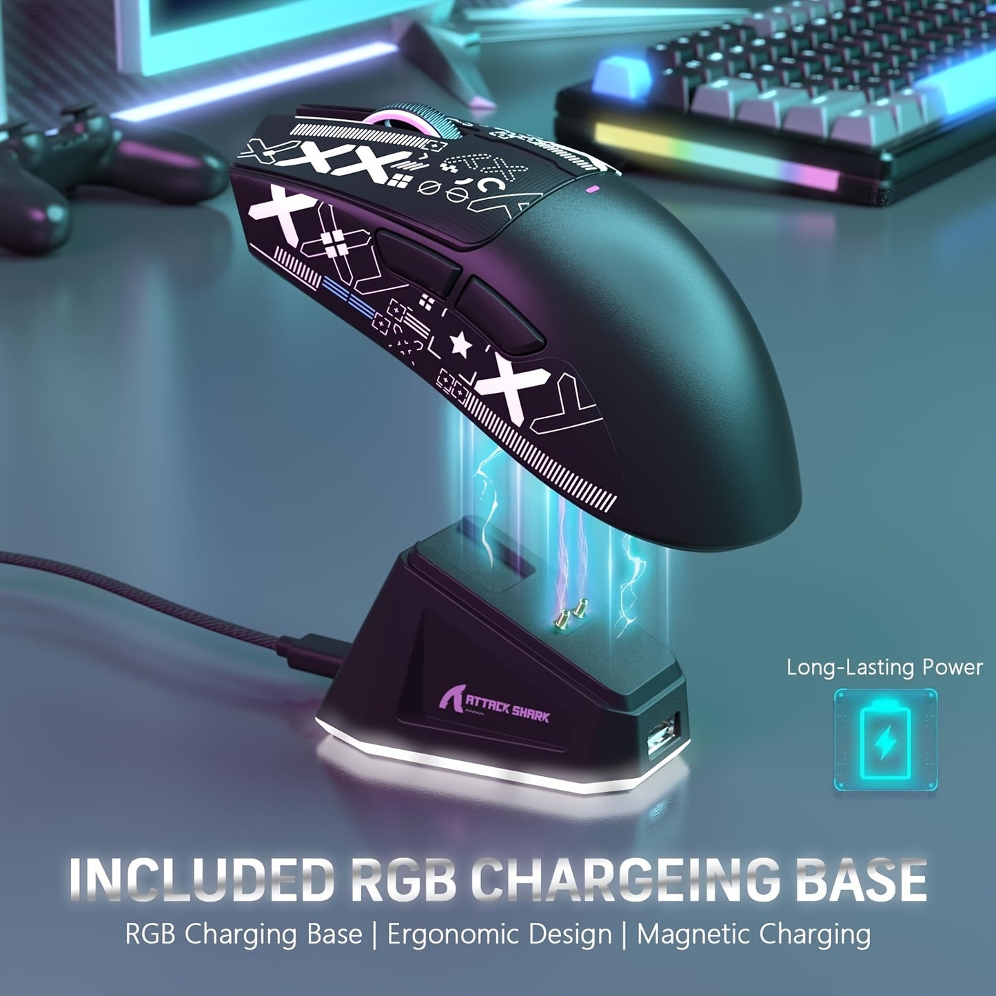 Attack Shark X11 is a lightweight wireless gaming mouse with RGB charging base, Tri-mode 2.4G/USB-C wired/BT, 22K DPI, PAW3311 Optical Sensor, HUYU Switch, 5 programmable buttons. Suitable