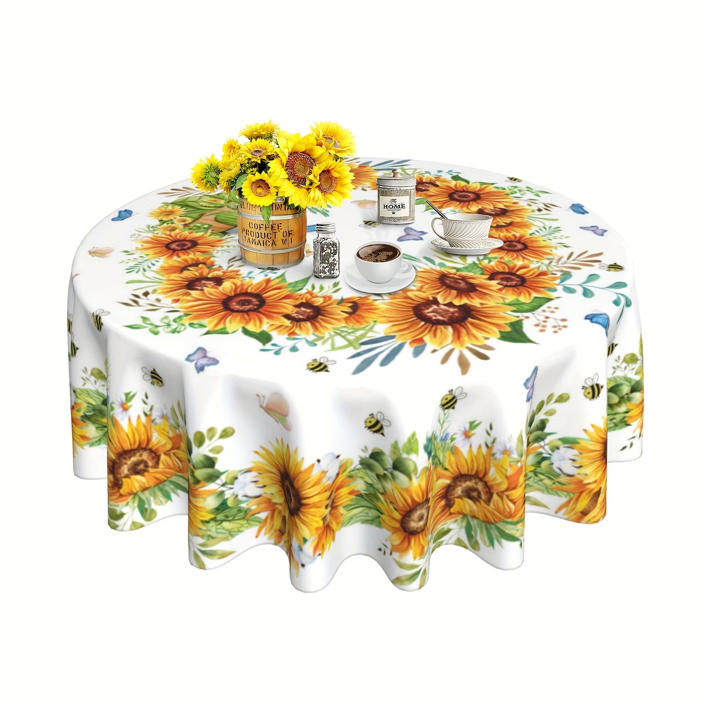 Summer sunflower tablecloth with vibrant floral design, butterflies & bees. Stain & wrinkle-free polyester, round farmhouse style for home kitchen, dining, picnic decor. Great gift. Sunflower pattern. Stainfree fabric for sunflower kitchen decor.