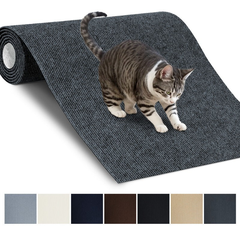 Wall-mounted cat scratching mat made of durable, fluff-free polyester with self-adhesive backing, cut-to-fit for all breeds.