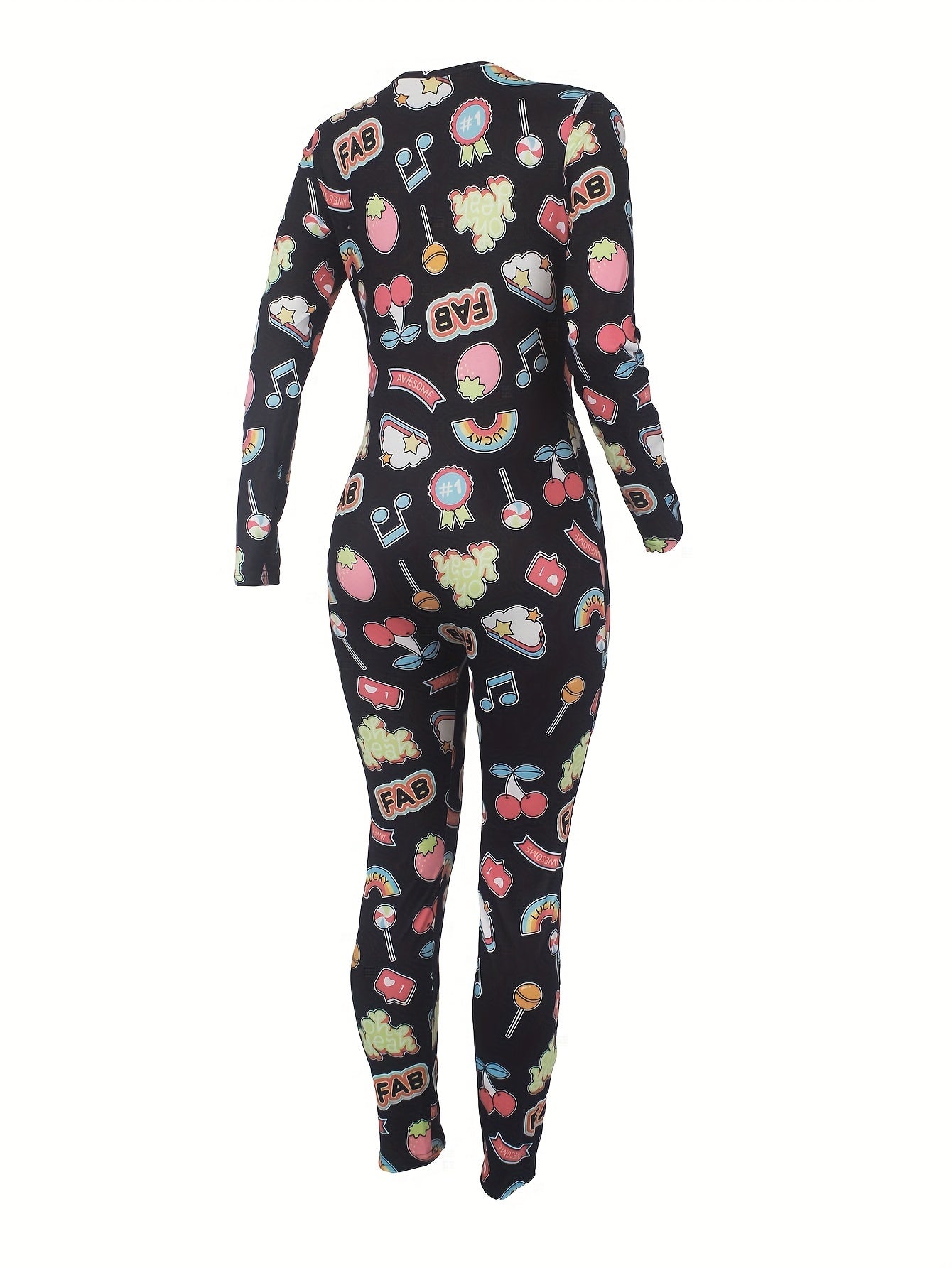 Patterned lounge jumpsuit for women, featuring a casual V-neck, long sleeves, and button closure.