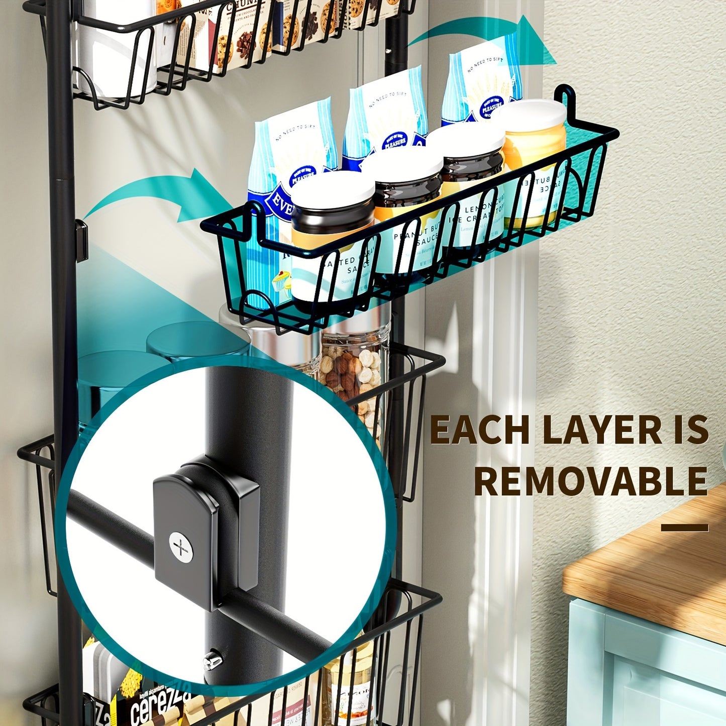 1pc Classic Black Metal Over-the-Door Pantry Organizer with 6-Tier Heavy-Duty Storage Rack for Easy Kitchen Essentials Organization.