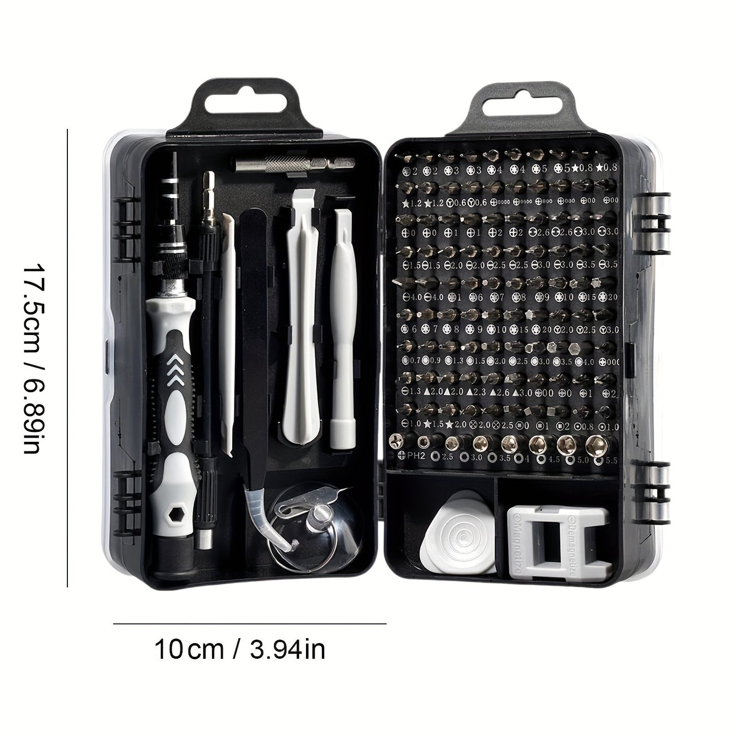 Precision screwdriver set with 115 tools, magnetic repair kit, non-slip portable tools, and ergonomic handles for smartphones, laptops, watches, and electronic devices. Made of chrome