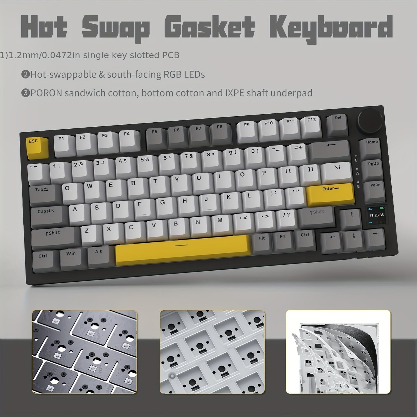 AK820PRO is a 75% mechanical keyboard with TFT display, RGB LED, wireless/2.4G/wired connectivity, knob control, and 4000mAh battery. Available in black, gray, and yellow, it is