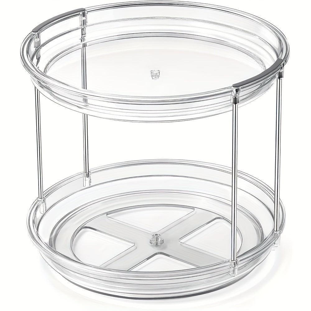 Lazy Susan Turntable Organizer with 2 Tiers - 23.5cm Rotating Spice Rack for Kitchen Cabinet, Pantry, and Countertop. Features Clear Plastic and Stainless Steel Open-Storage for Spices and Condiments. Can also be used as a Makeup Organizer for Bathroom