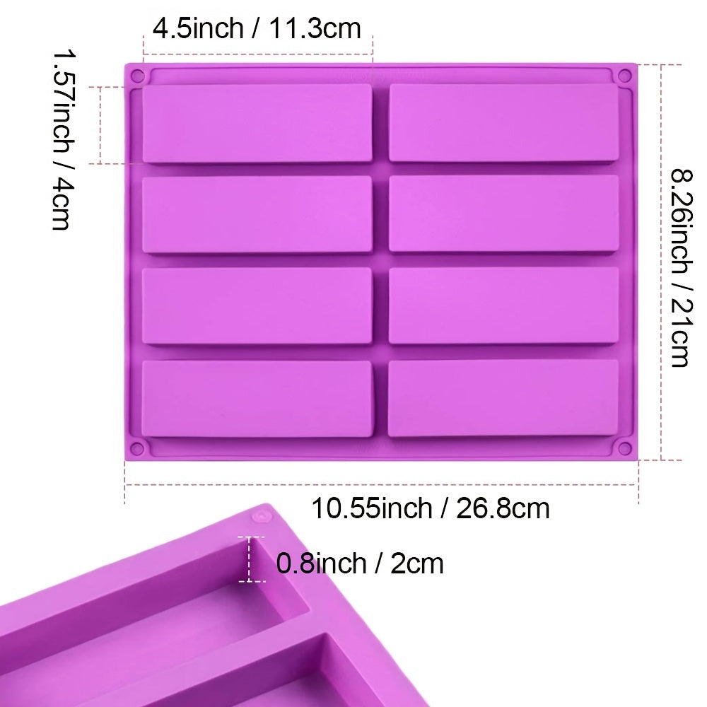 One piece or two pieces available, this 8-cavity silicone mold is perfect for baking energy bars, muffins, brownies, cornbread, cheesecakes, pudding cakes, and soaps. The large rectangular mold features a non-stick coating for easy release and is