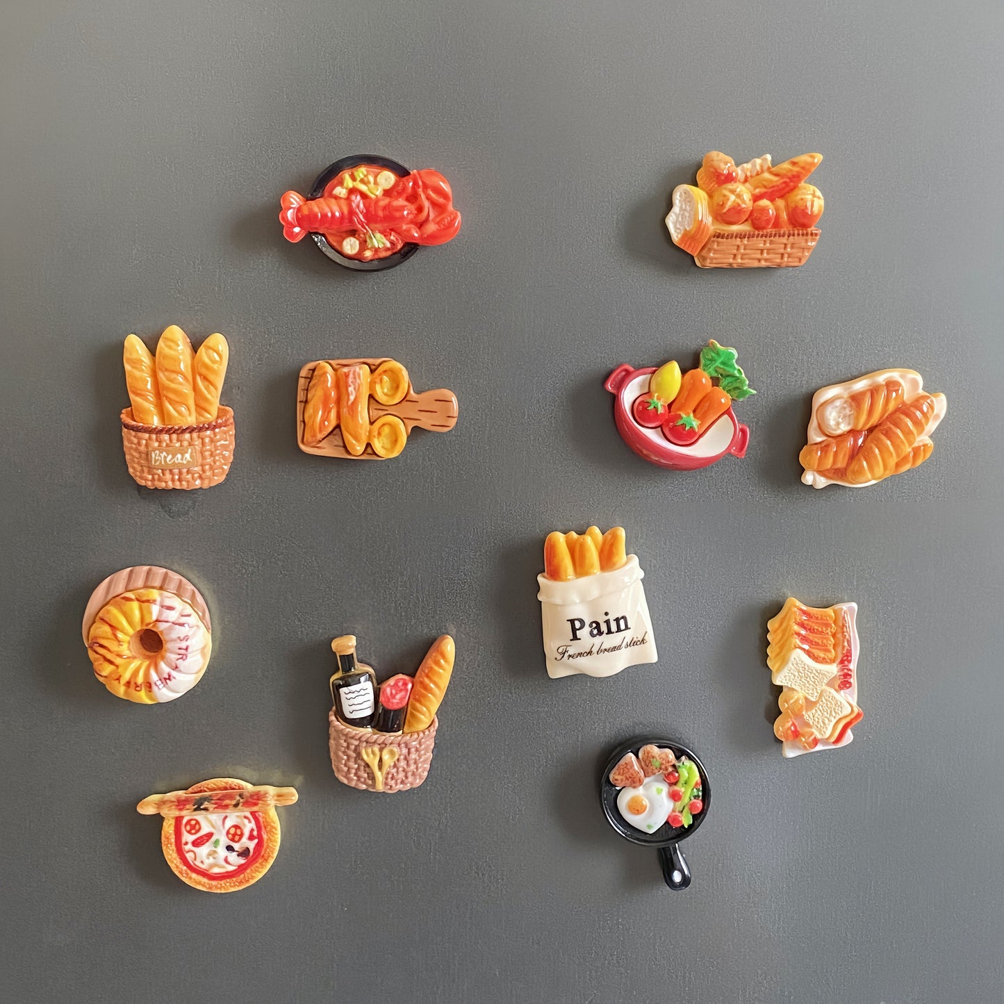 Set of 12 adorable French baguette, toast, and egg tart refrigerator magnets - perfect for adding a touch of charm to your kitchen, office cabinets, or dishwashers. These cute miniature magnetic food decals are ideal for holding photos and notes, adding